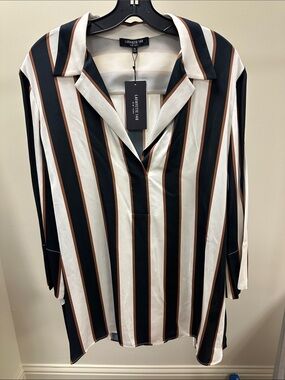 Lafayette 148 New York Black, White & Brown Striped V-Neck Tunic